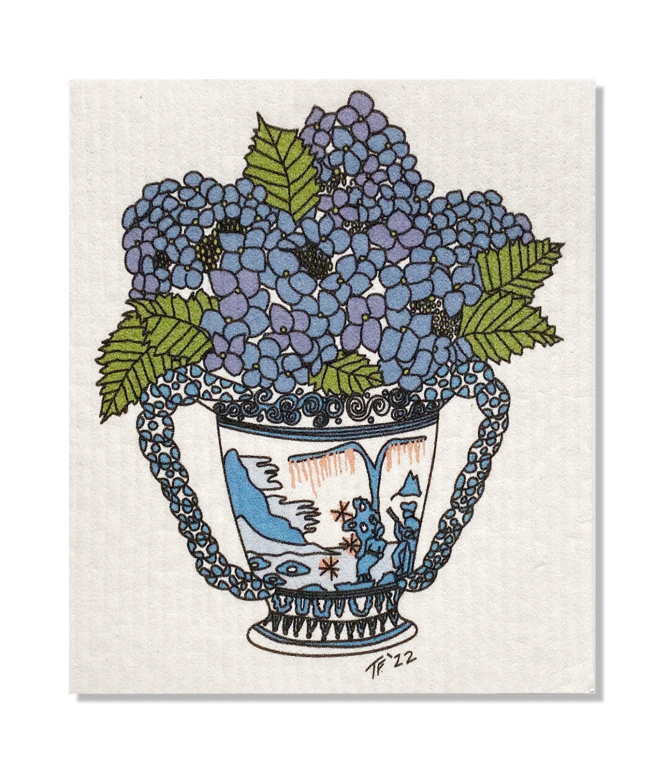 DCBT 009 - Swedish Dish Cloth Imari Urn with Blue Hydrangeas